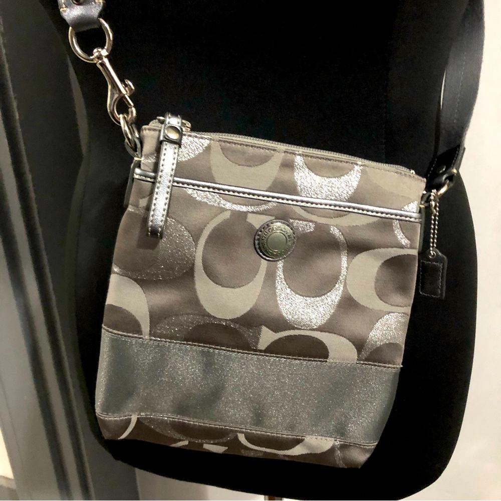 Gray and Silver Coach Signature Crossbody